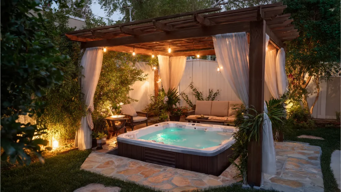 a stylish backyard setup featuring a hot tub place