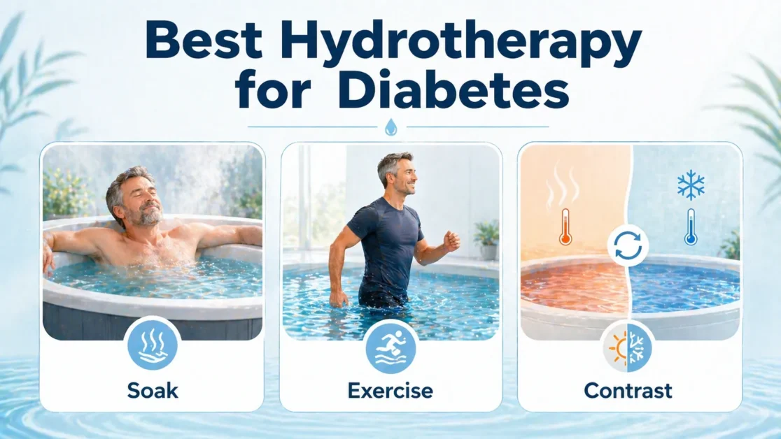 Infographic showing three types of hydrotherapy including soaking exercise and contrast
