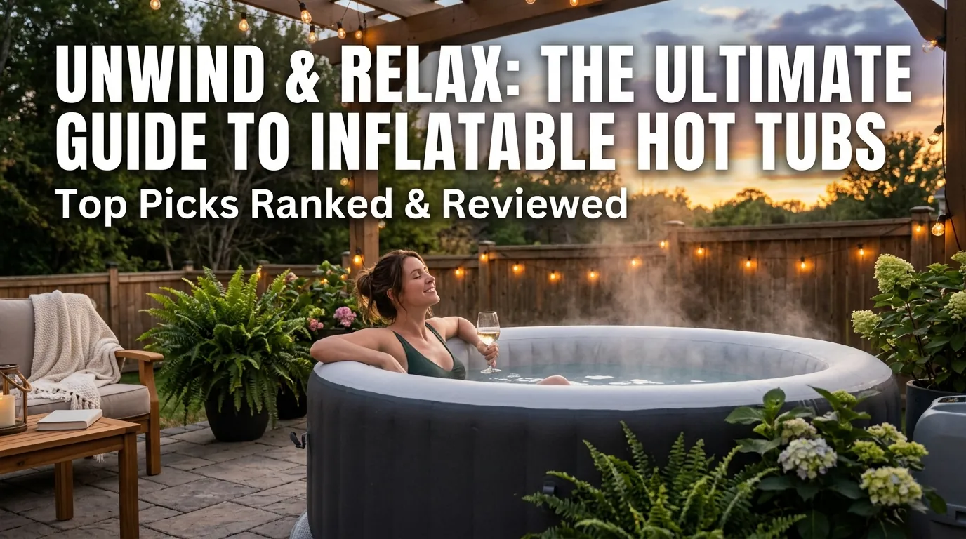Homeowner relaxing in inflatable hot tub on backyard patio with title about best inflatable hot tubs 2026