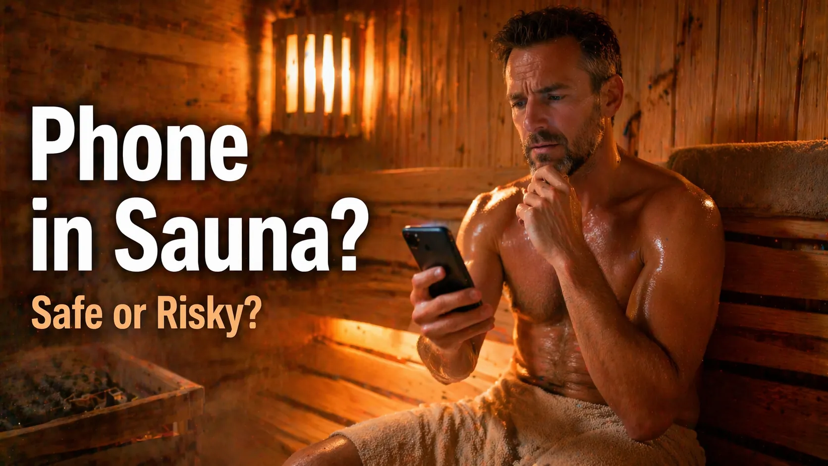 Can You Bring Your Phone in a Sauna? (What Actually Happens + Safer Options) 1 Man sitting inside a hot wooden sauna holding a smartphone with warning text overlay about safety.