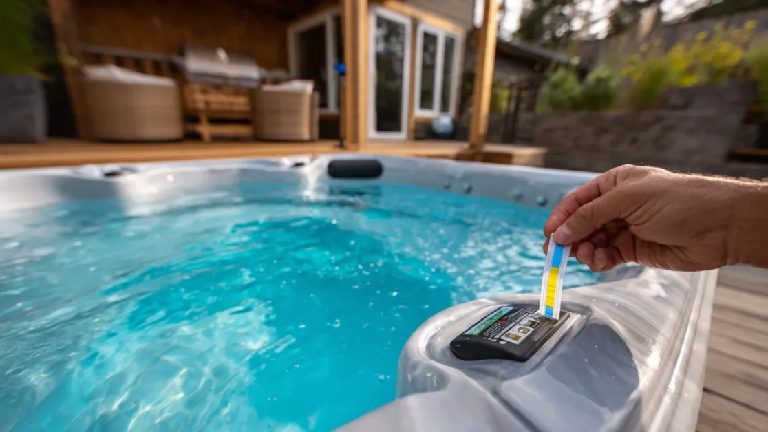 Person testing hot tub water with a strip beside a backyard spa