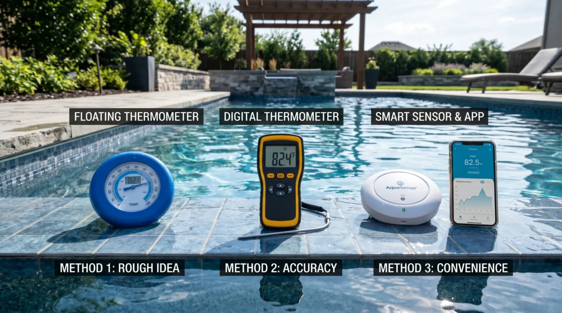 Three pool thermometers floating, digital, and smart sensor compared by poolside.