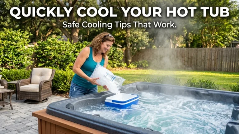 Homeowner adding ice to a hot tub on a sunny patio to cool water temperature safely.