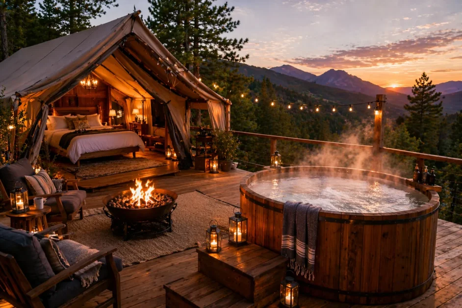 Glamping Experience With Hot Tub: Best Ideas + How to Plan Yours 6 Luxury safari-style glamping tent with a private outdoor hot tub in a scenic forest setting