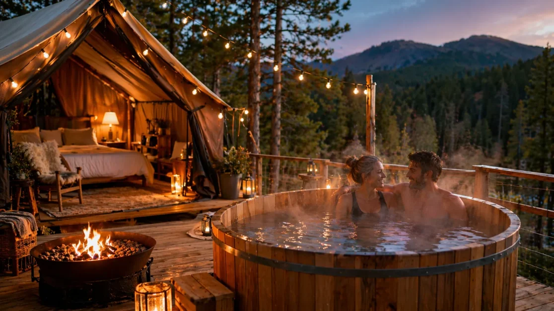 Glamping Experience With Hot Tub: Best Ideas + How to Plan Yours 2 Couple enjoying hot tub beside cozy glamping tent in scenic forest setting
