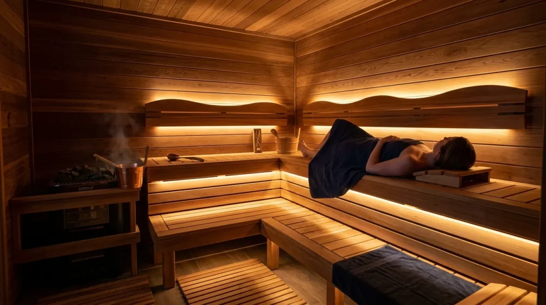 Cozy Sauna Lighting Ideas for a Spa-Like Feel at Home 2 Warm wooden sauna with soft LED lighting under benches and behind backrests creating a cozy glow