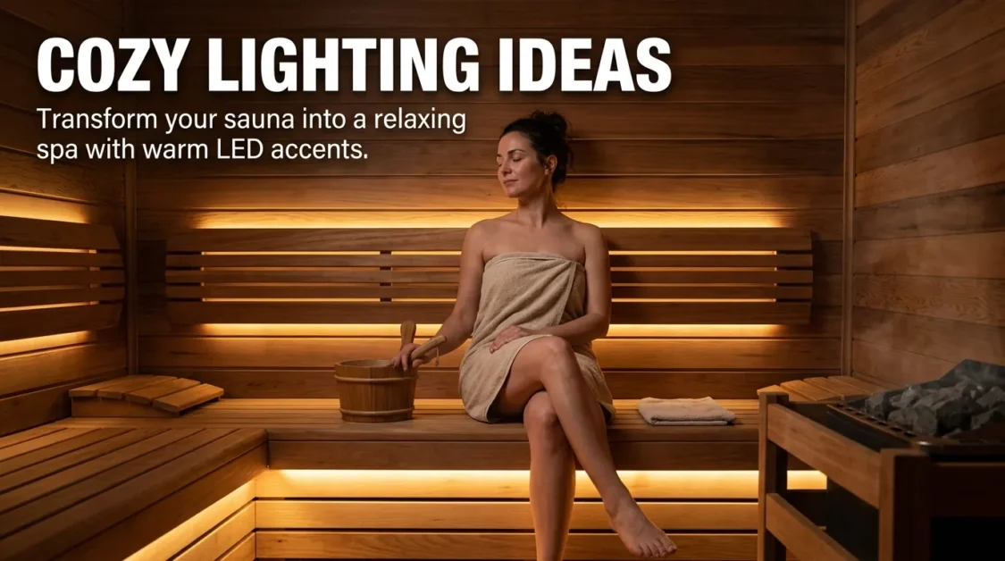 Person relaxing inside a wooden sauna with soft warm LED lighting creating a cozy spa-like atmosphere.