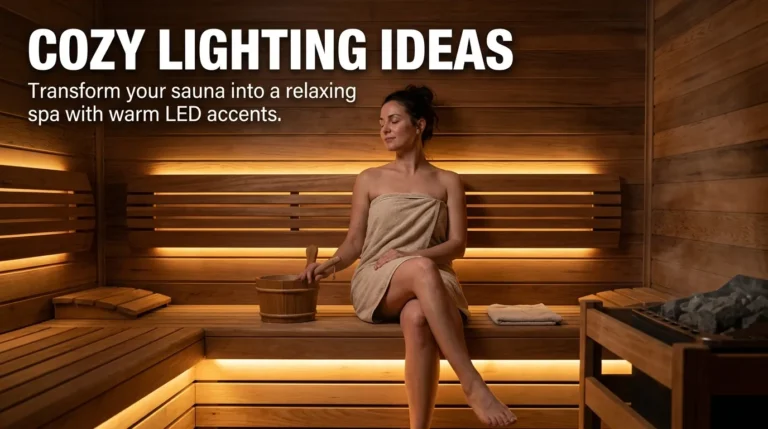 Person relaxing inside a wooden sauna with soft warm LED lighting creating a cozy spa-like atmosphere.