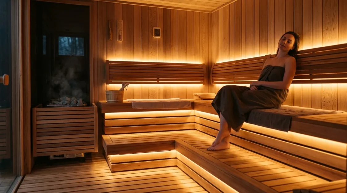Cozy Sauna Lighting Ideas for a Spa-Like Feel at Home 3 Sauna interior with layered LED lighting under bench and behind backrest creating warm relaxing ambiance