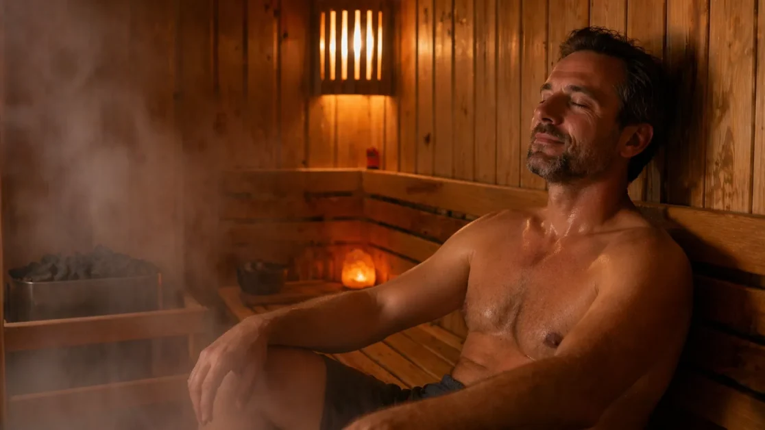 Is It Good to Have a Sauna Before Bed? 3 Man relaxing in a wooden sauna at night showing benefits of sauna before bed for better sleep
