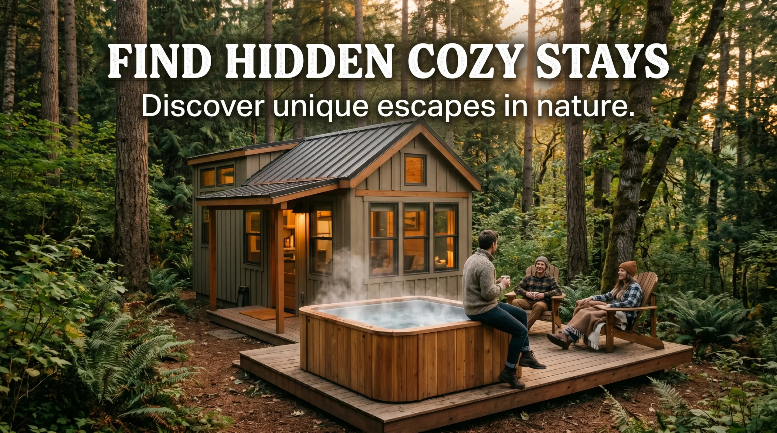 Cozy tiny house with hot tub in forest and couple relaxing nearby
