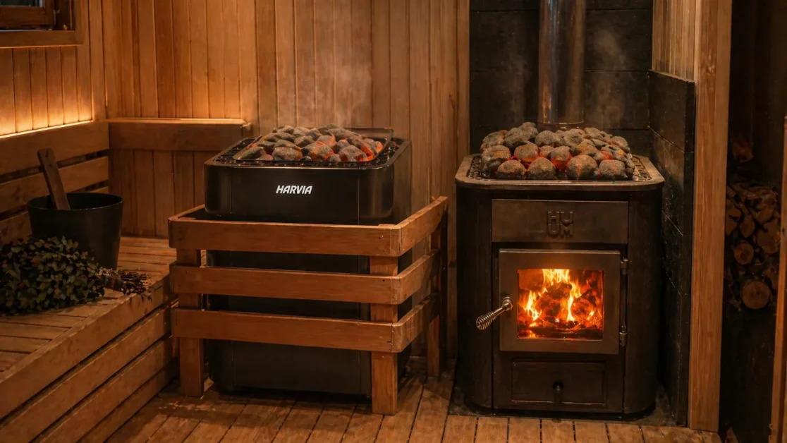 Electric sauna heater and wood stove side by side with glowing stones