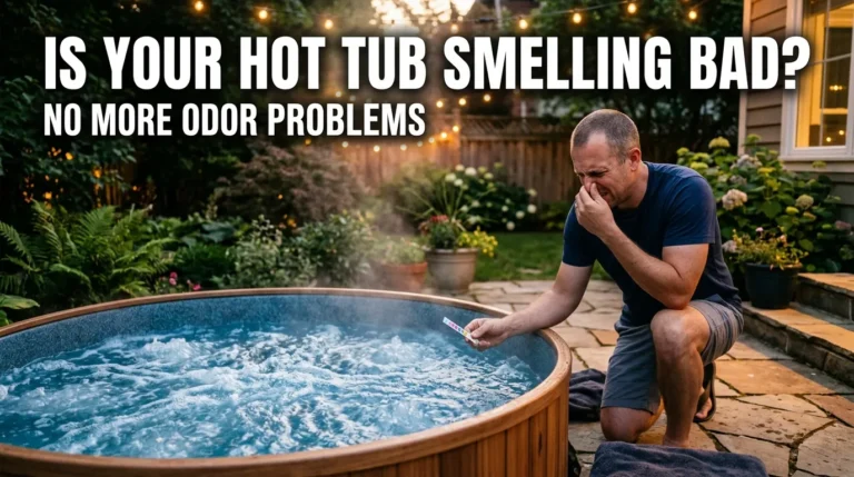 Homeowner testing smelly hot tub water on backyard patio with fix hot tub odor text overlay.