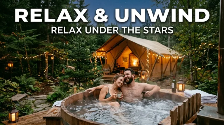 Couple relaxing in a hot tub beside a glamping tent in a forest setting with text about hot tub glamping ideas.