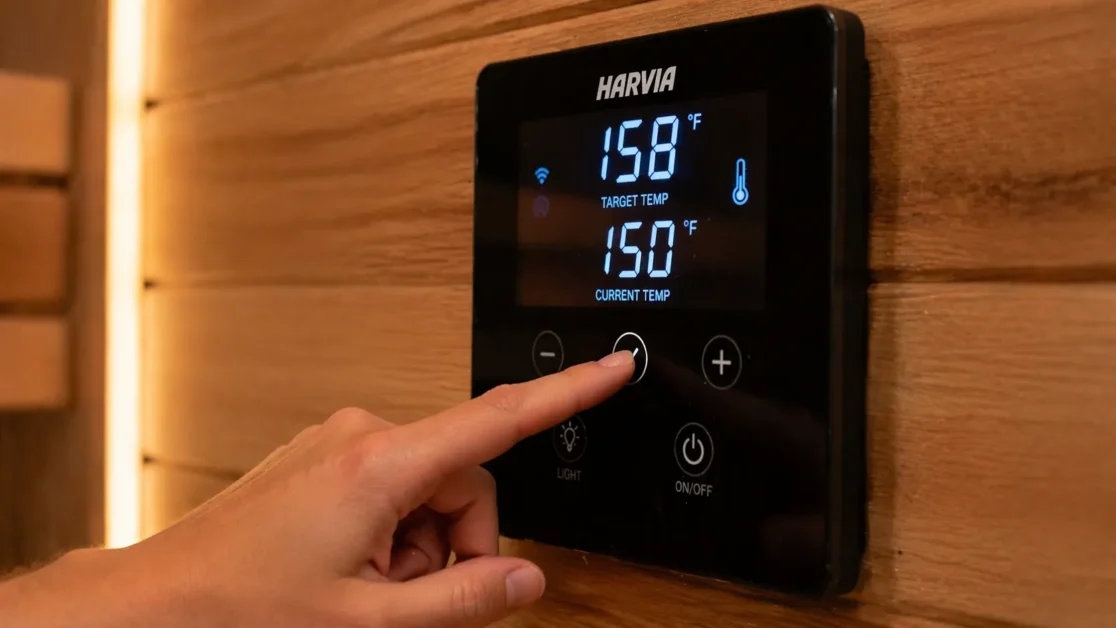 Close-up of a digital sauna control panel showing temperature increasing