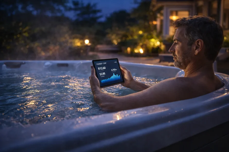 Person relaxing in hot tub at dusk checking energy costs on tablet