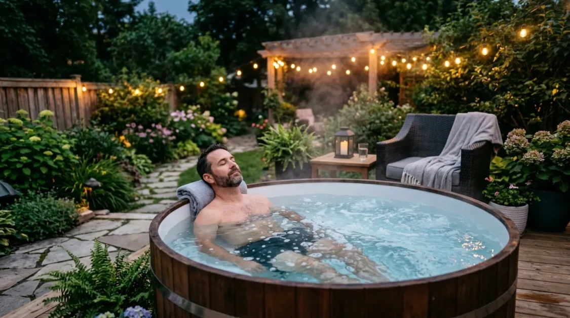 Homeowner relaxing in a clean outdoor hot tub on a backyard patio with clear water