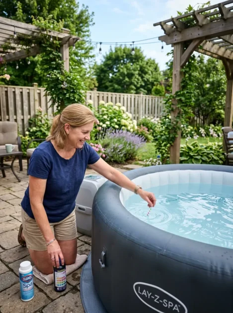 A blue shirt woman testing hot tub water.