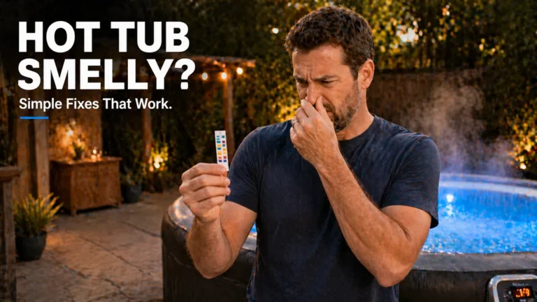 Homeowner reacting to bad smell while checking hot tub water test strip