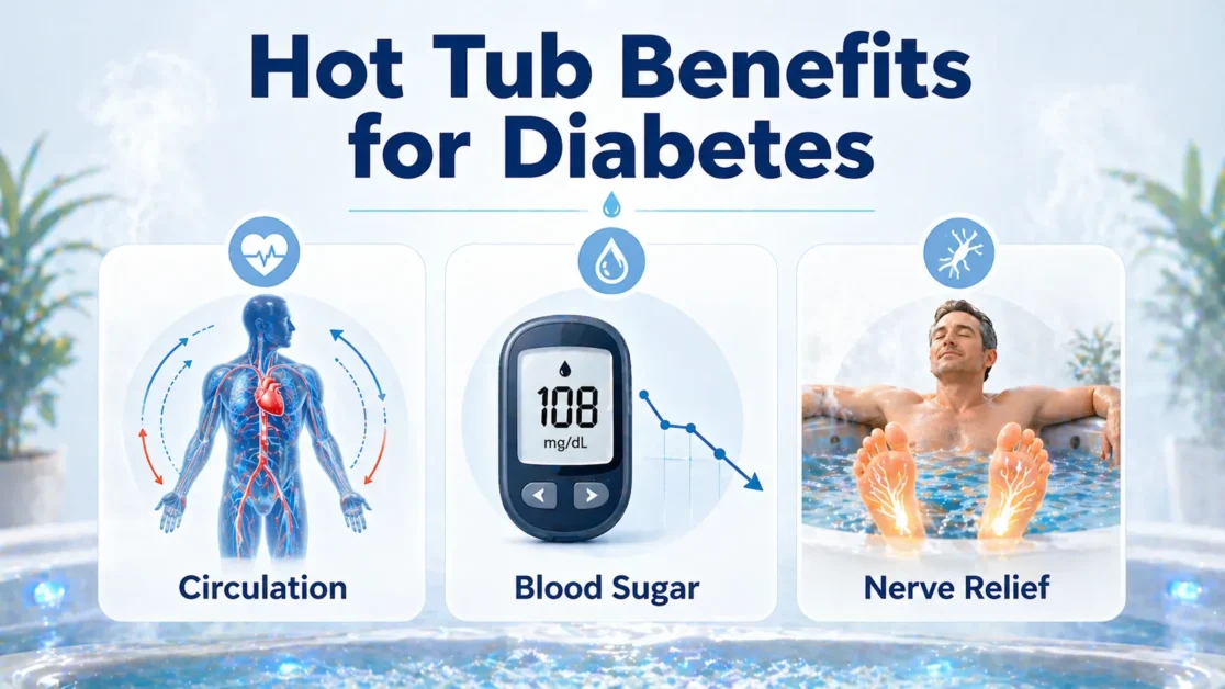 Infographic showing circulation blood sugar and nerve relief benefits of hot tubs