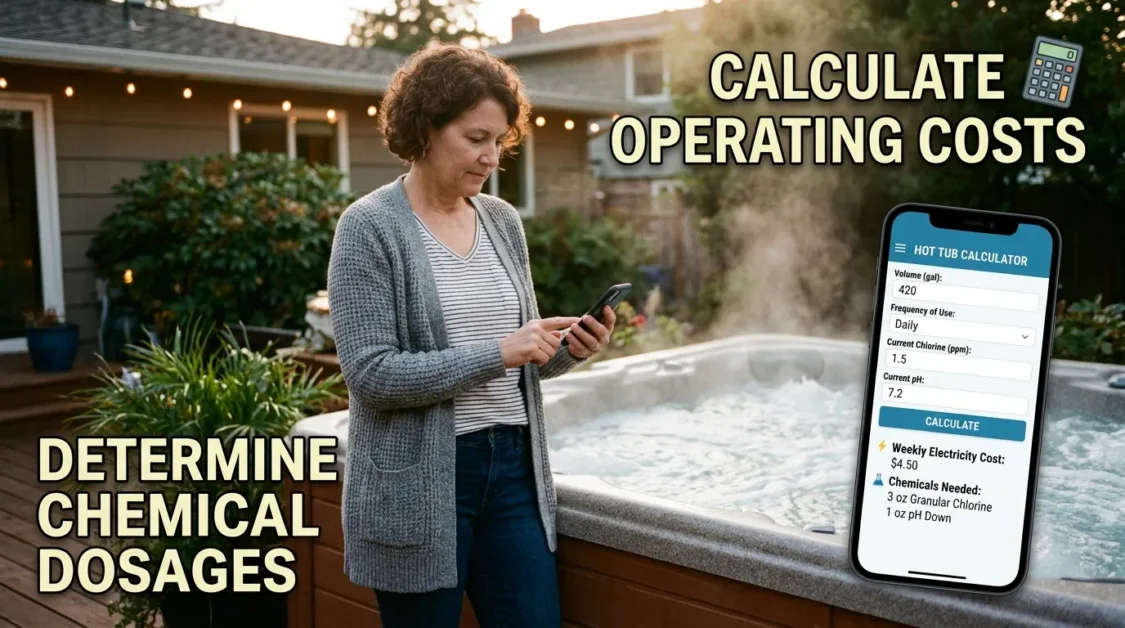 Hot Tub Calculation Tools Guide: Cost, Chemicals, Size & More 1 Homeowner using a hot tub calculator beside a backyard spa with text about cost and chemical calculations