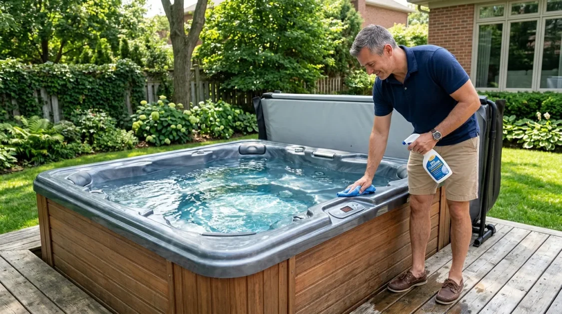 A homeowner standing beside a backyard hot tub, holding a cleaning spray and cloth while inspecting the tub surface in daylight.