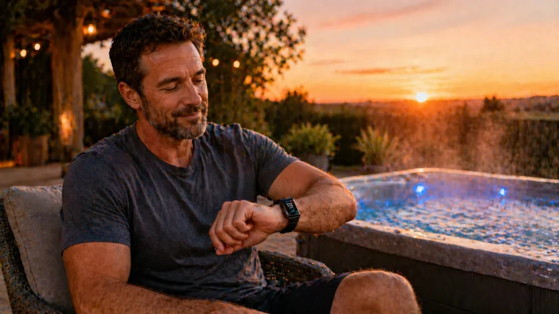 Homeowner checking glucose monitor near hot tub at sunset before entering