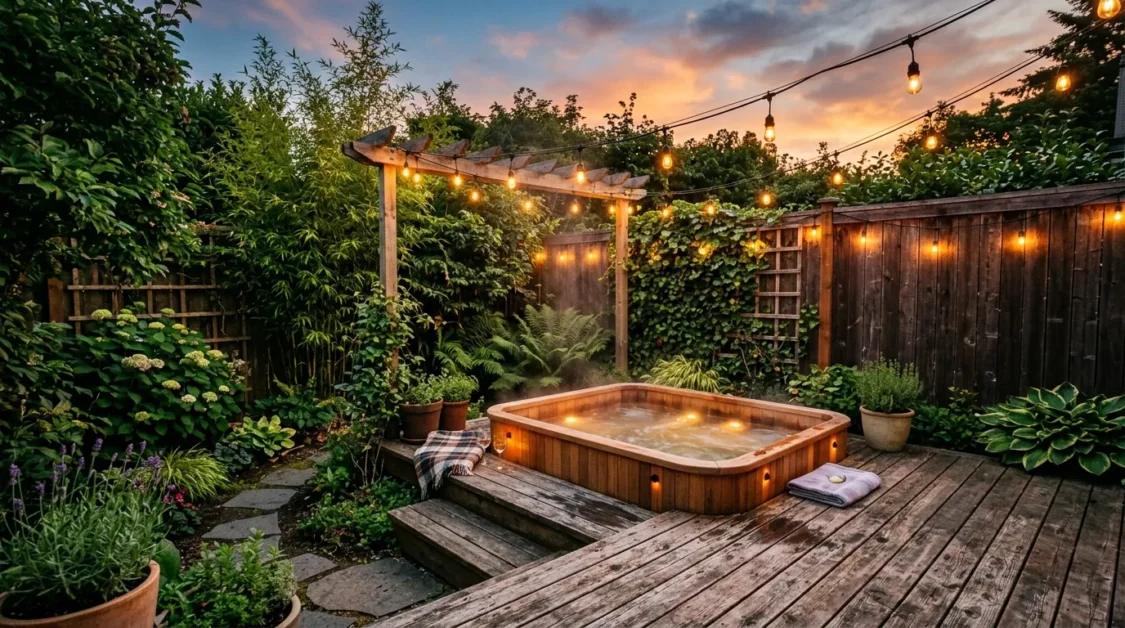 A small backyard garden with a compact hot tub, wooden decking, privacy plants, and warm string lights during sunset