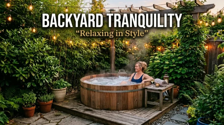 Hot Tub In Garden Ideas: Budget-Friendly Designs for Small Spaces 8 Homeowner relaxing in a small garden hot tub with plants and lighting showing budget-friendly backyard setup ideas