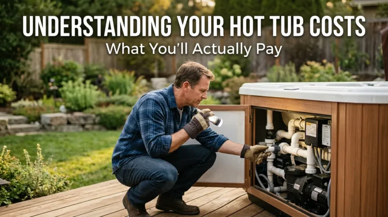 Homeowner inspecting hot tub equipment bay on a backyard patio with bold article title overlay about hot tub leak repair costs.