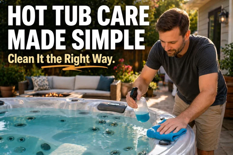 Homeowner cleaning a hot tub on a backyard patio with spray cleaner and cloth showing hot tub cleaner guide.