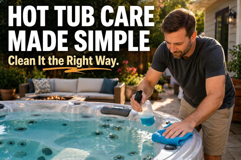 Homeowner cleaning a hot tub on a backyard patio with spray cleaner and cloth showing hot tub cleaner guide.