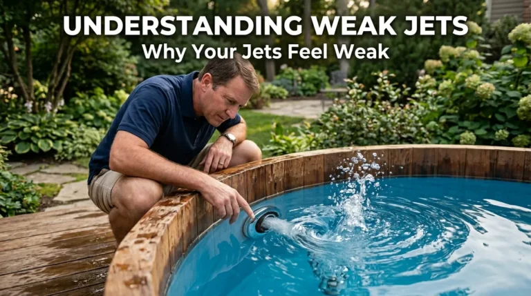 Homeowner examining hot tub nozzle with bubbling water flow on a backyard patio.