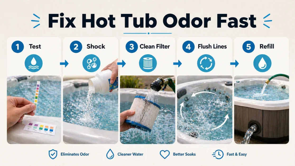 Infographic showing five steps to remove hot tub odor quickly