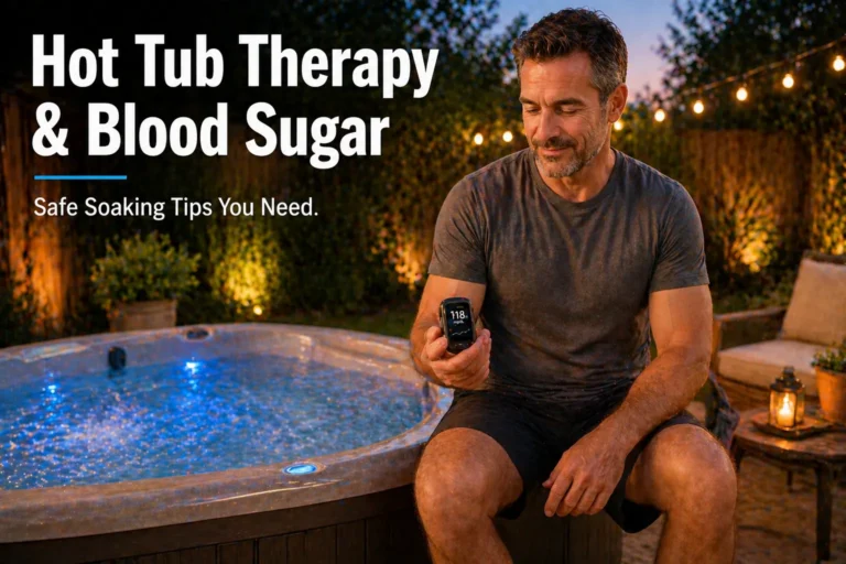 Homeowner checking glucose monitor before entering backyard hot tub in evening