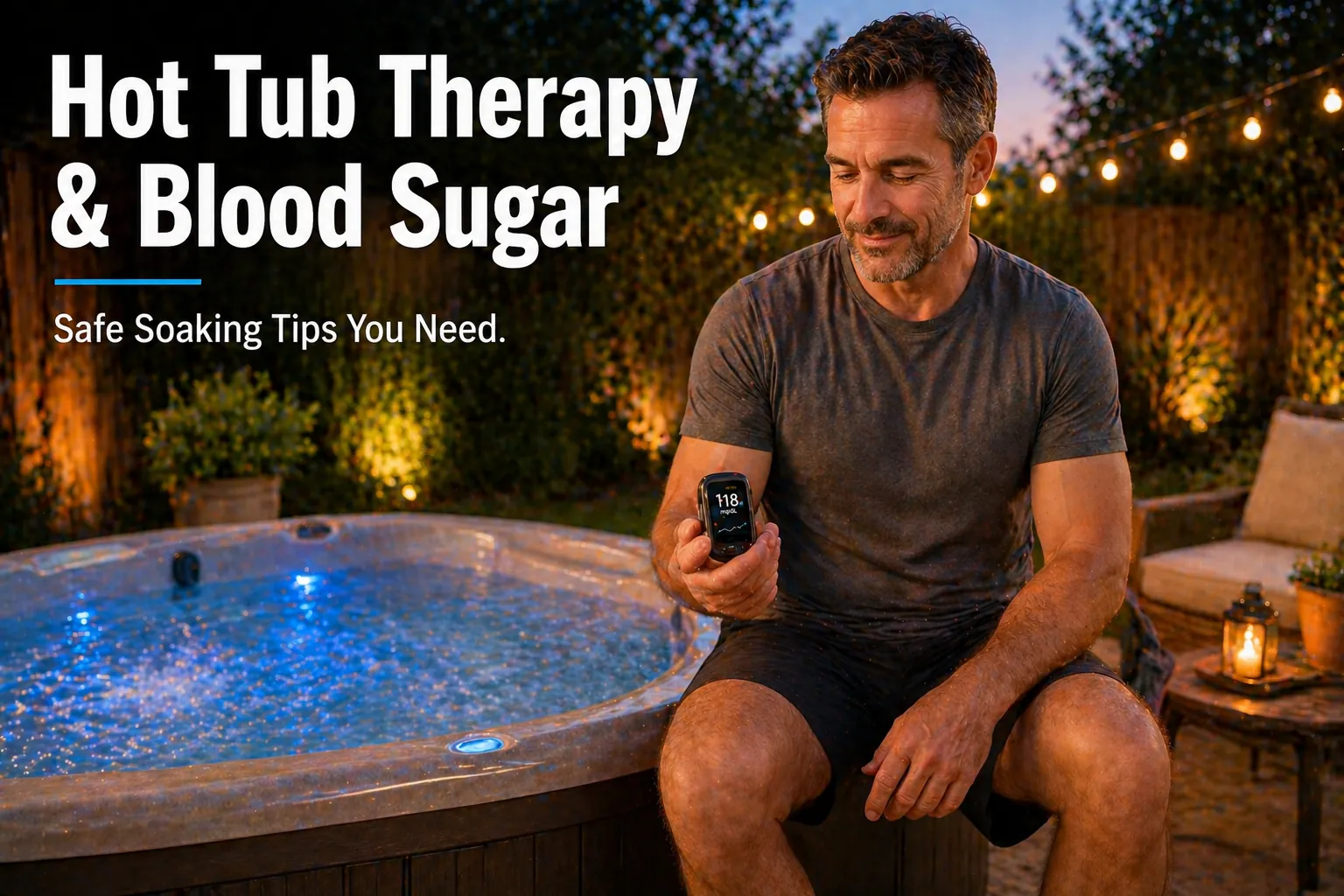 Homeowner checking glucose monitor before entering backyard hot tub in evening