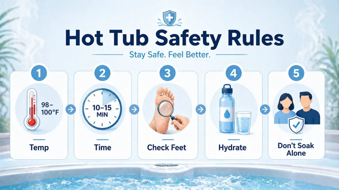 Infographic showing five safety rules for diabetics using a hot tub