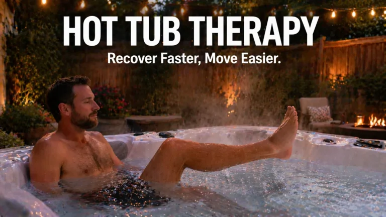 Homeowner using hot tub therapy for knee replacement recovery in a backyard setting with title overlay.