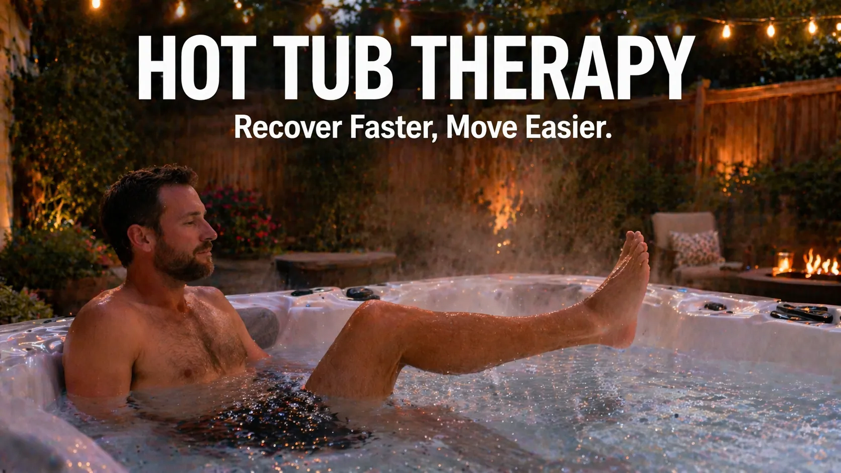Homeowner using hot tub therapy for knee replacement recovery in a backyard setting with title overlay.