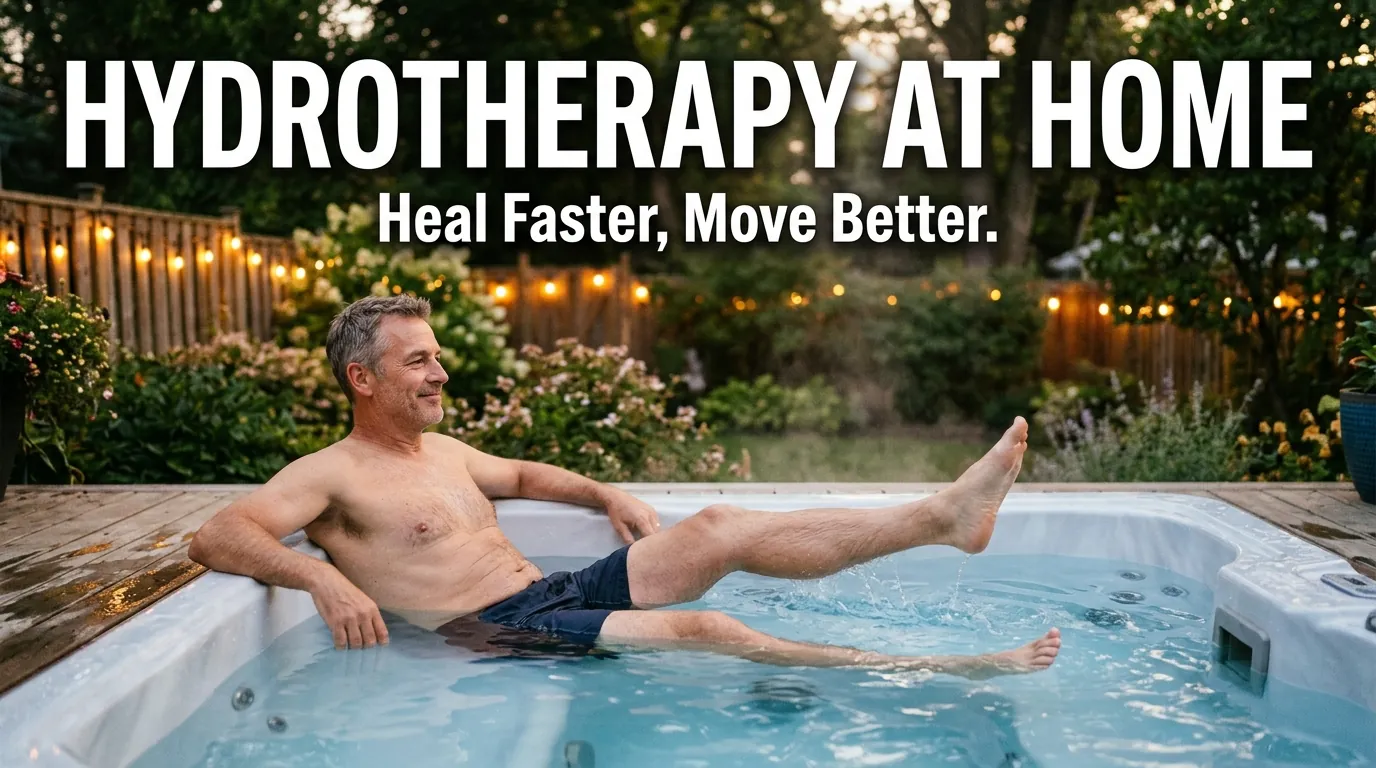 Person using hot tub therapy on a backyard patio for knee replacement recovery with visible title overlay.