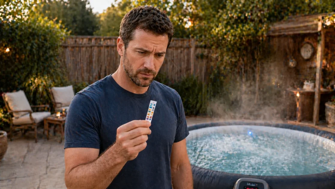 Homeowner checking hot tub water test strip with concerned expression outdoors
