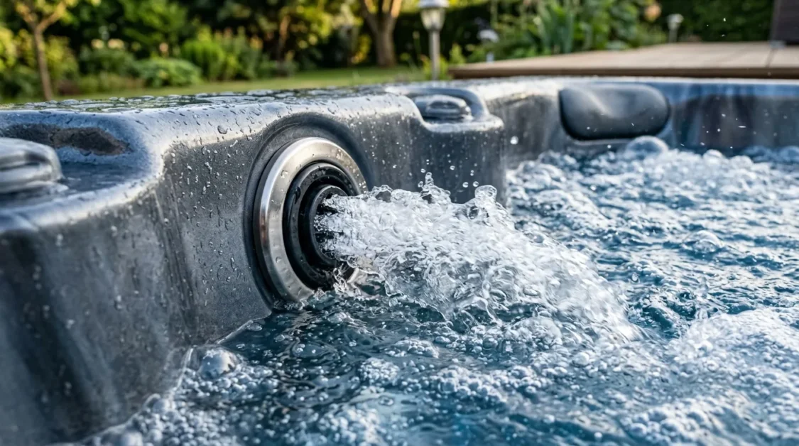 Hot Tub Nozzle Meaning: What It Is and Why It Matters 2 Close-up of a hot tub jet with the nozzle visible, showing water flow and bubbles in a backyard spa setting.