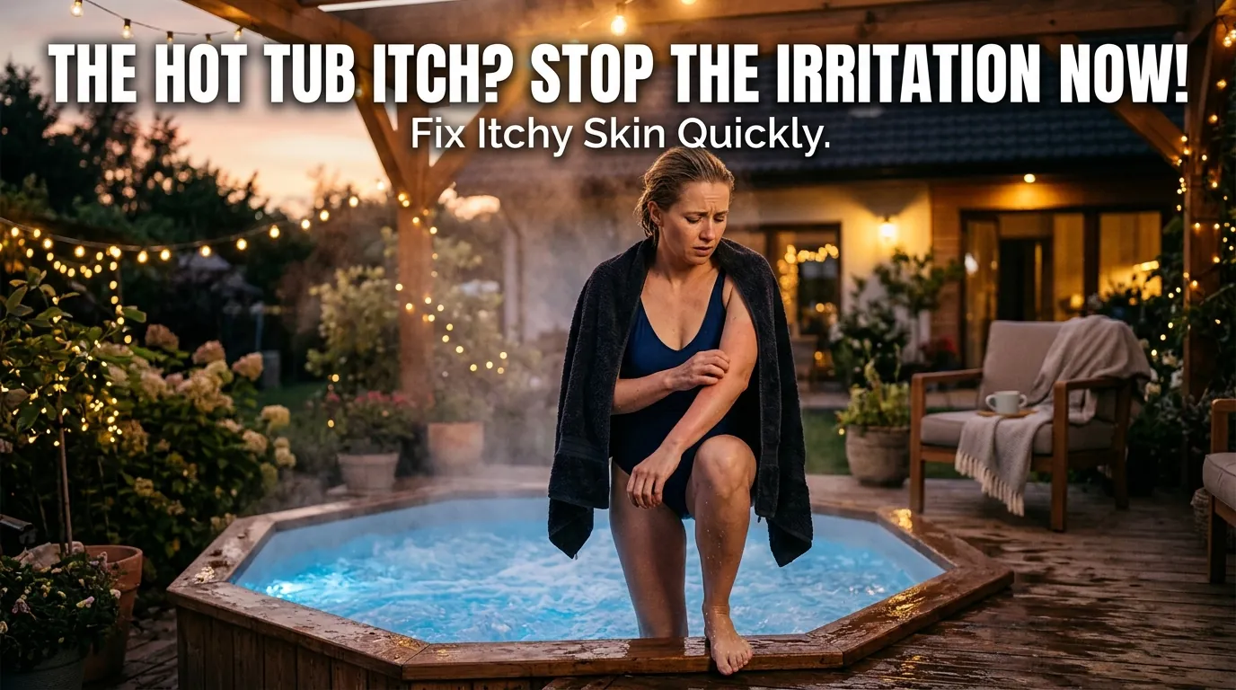 Homeowner experiencing hot tub itchiness beside a backyard spa with text overlay about fixing itchy skin.