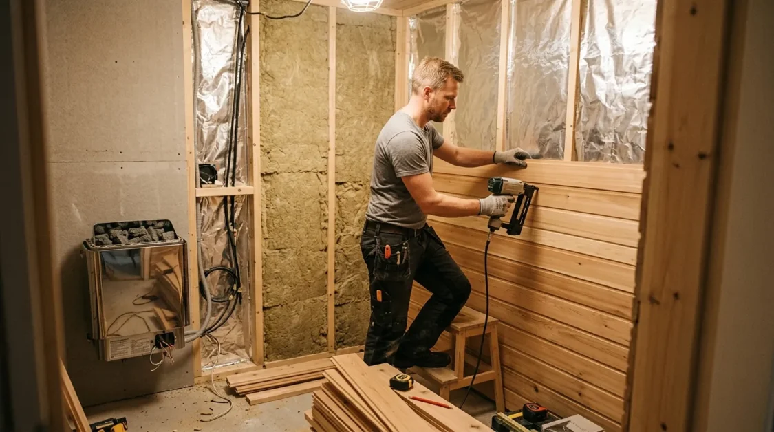 A person installing wooden panels inside a home sauna with visible insulation and heater setup in progress.