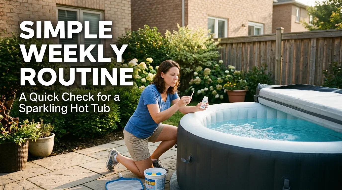 Homeowner testing inflatable hot tub water on backyard patio with maintenance guide title overlay