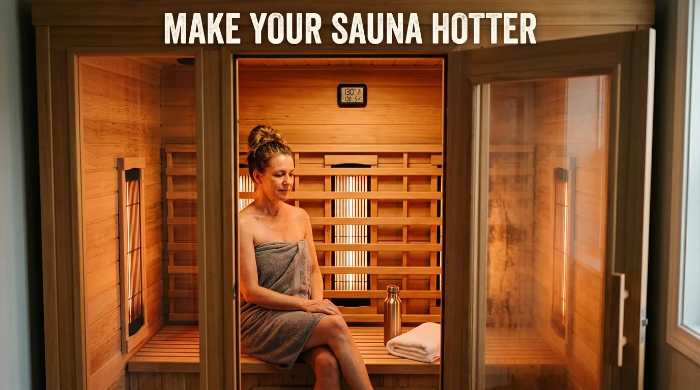 Person sitting inside a home infrared sauna with glowing panels and “Make Your Sauna Hotter” text overlay.