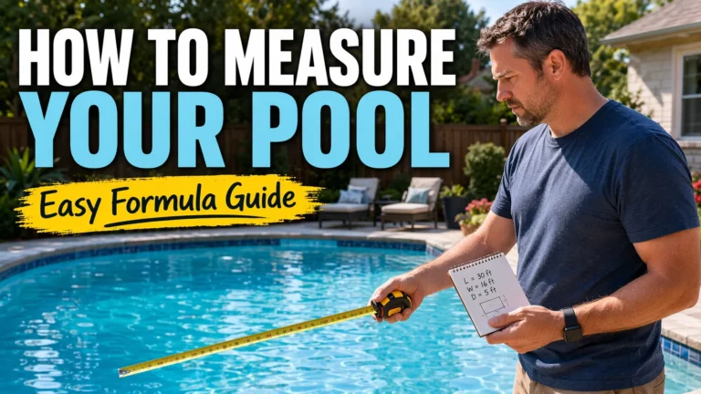 Homeowner measuring pool dimensions in a backyard to calculate pool gallons with guide text overlay.