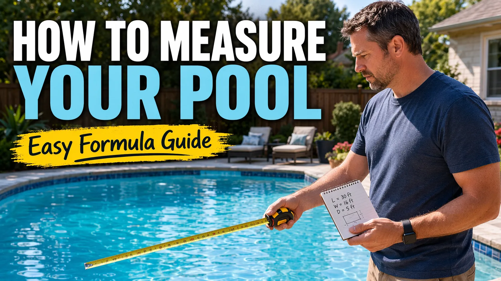 Homeowner measuring pool dimensions in a backyard to calculate pool gallons with guide text overlay.