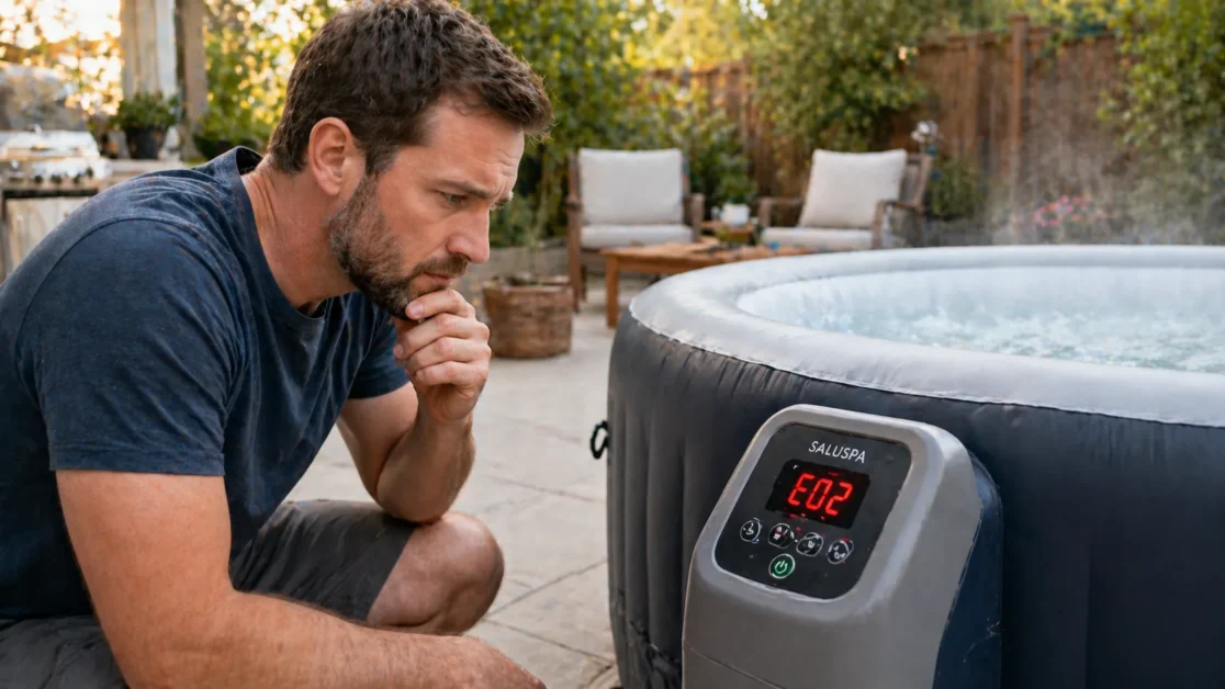 Homeowner checking inflatable hot tub control panel showing error code on patio