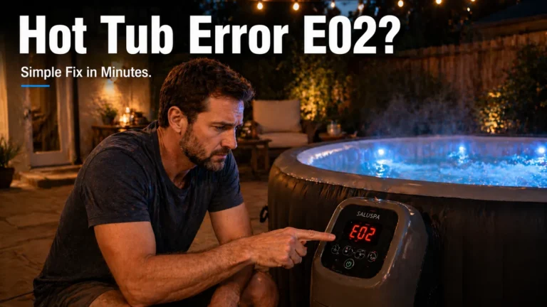 Homeowner pointing at inflatable hot tub control panel error in evening patio